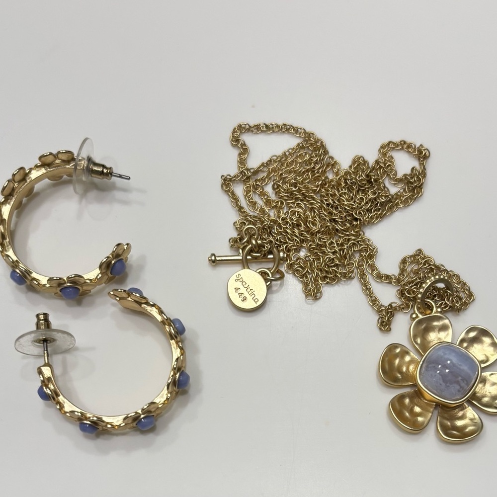 Spartina 449 Gold and Purple Flower Pendant Necklace and Hoop Earrings Set